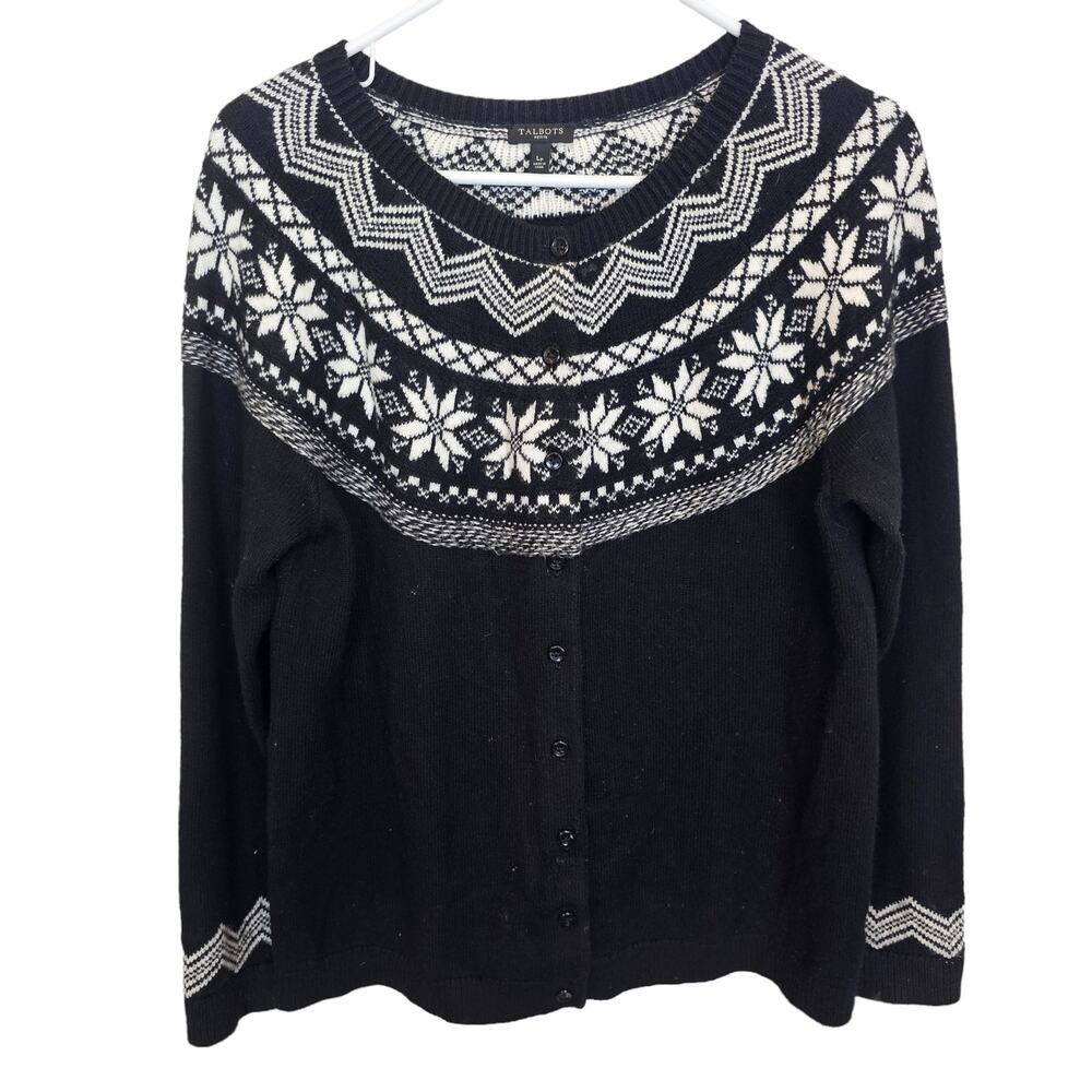 Talbots Womens Nordic Fair Isle Sweater Cardigan Sz LP Cabincore Apres Ski Lodge